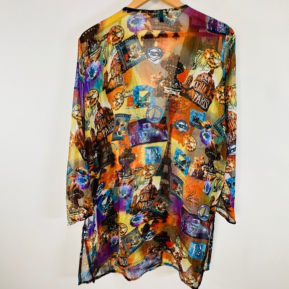 Multicolor Sheer Deep V Paris Print Cover-up Tunic Dress Size 1X - Picture 3 of 6